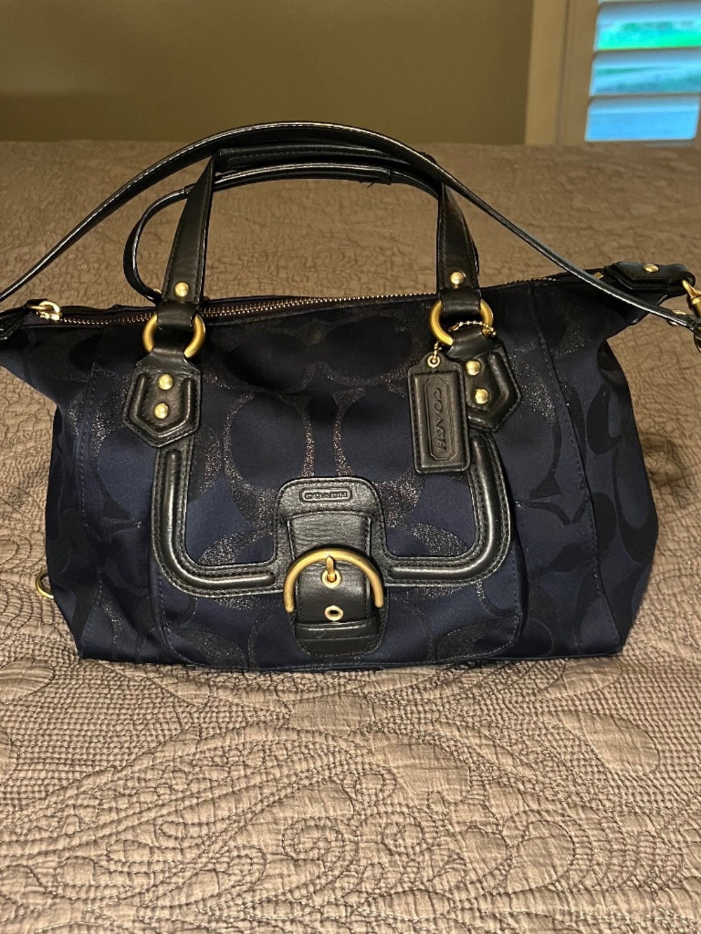 Coach Campbell Y2K Navy Jacquard and Black Leather Carryall Bag Soft Gold Metal